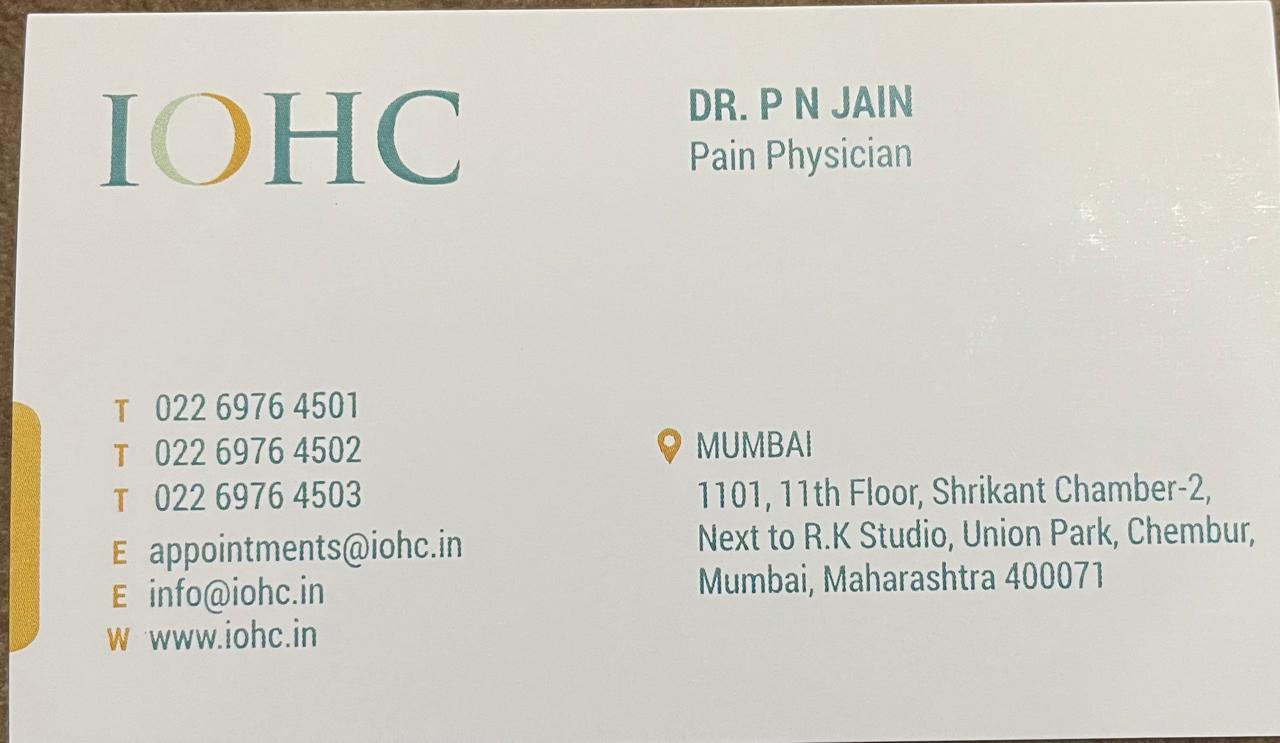 Visiting card of Dr. P. N. Jain, Pain Physician at India Oncology Healing Centre, Chembur, Mumbai
