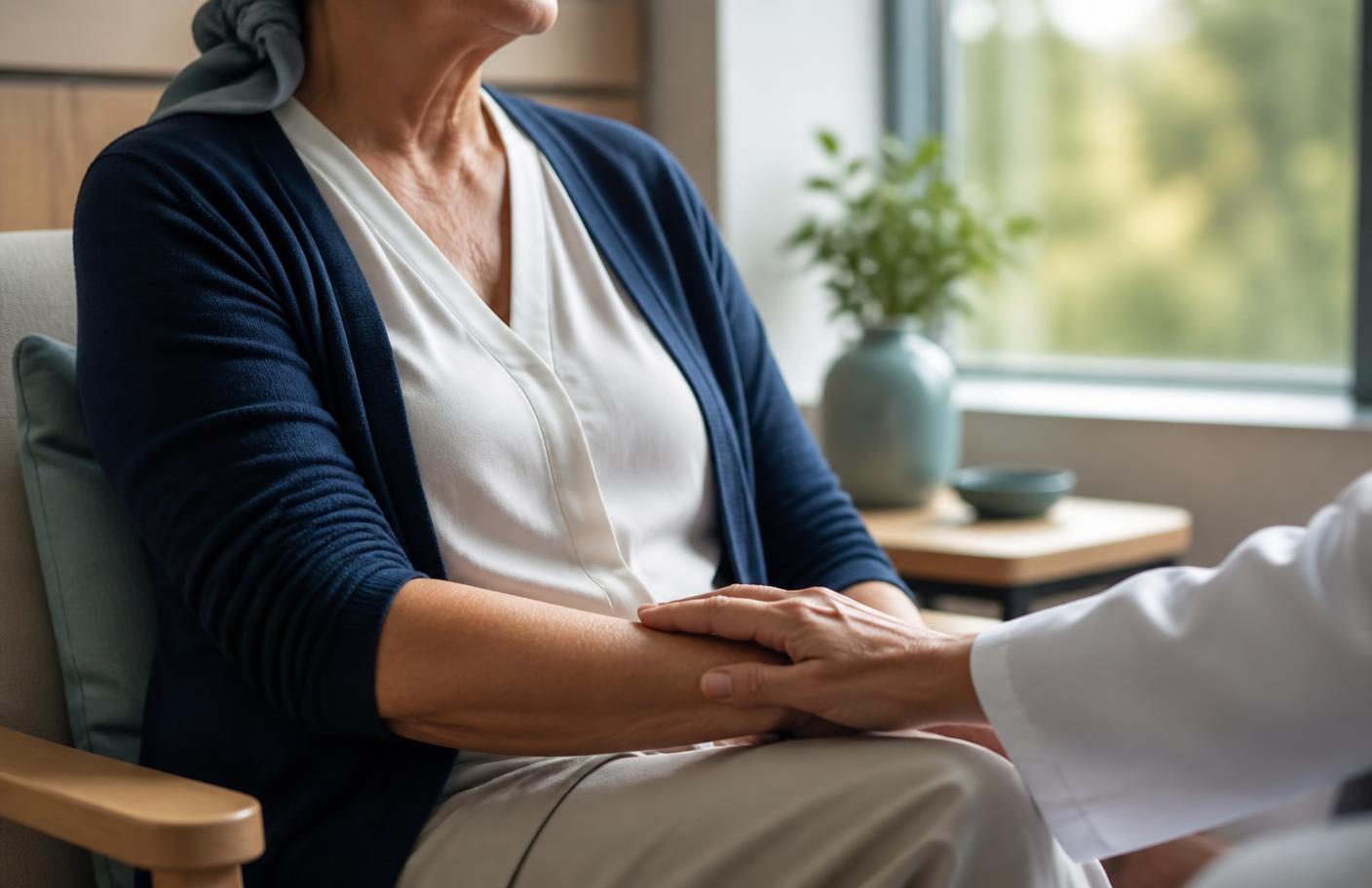 A clinician's hand resting reassuringly on a seated patient's arm in a sunlit consultation room