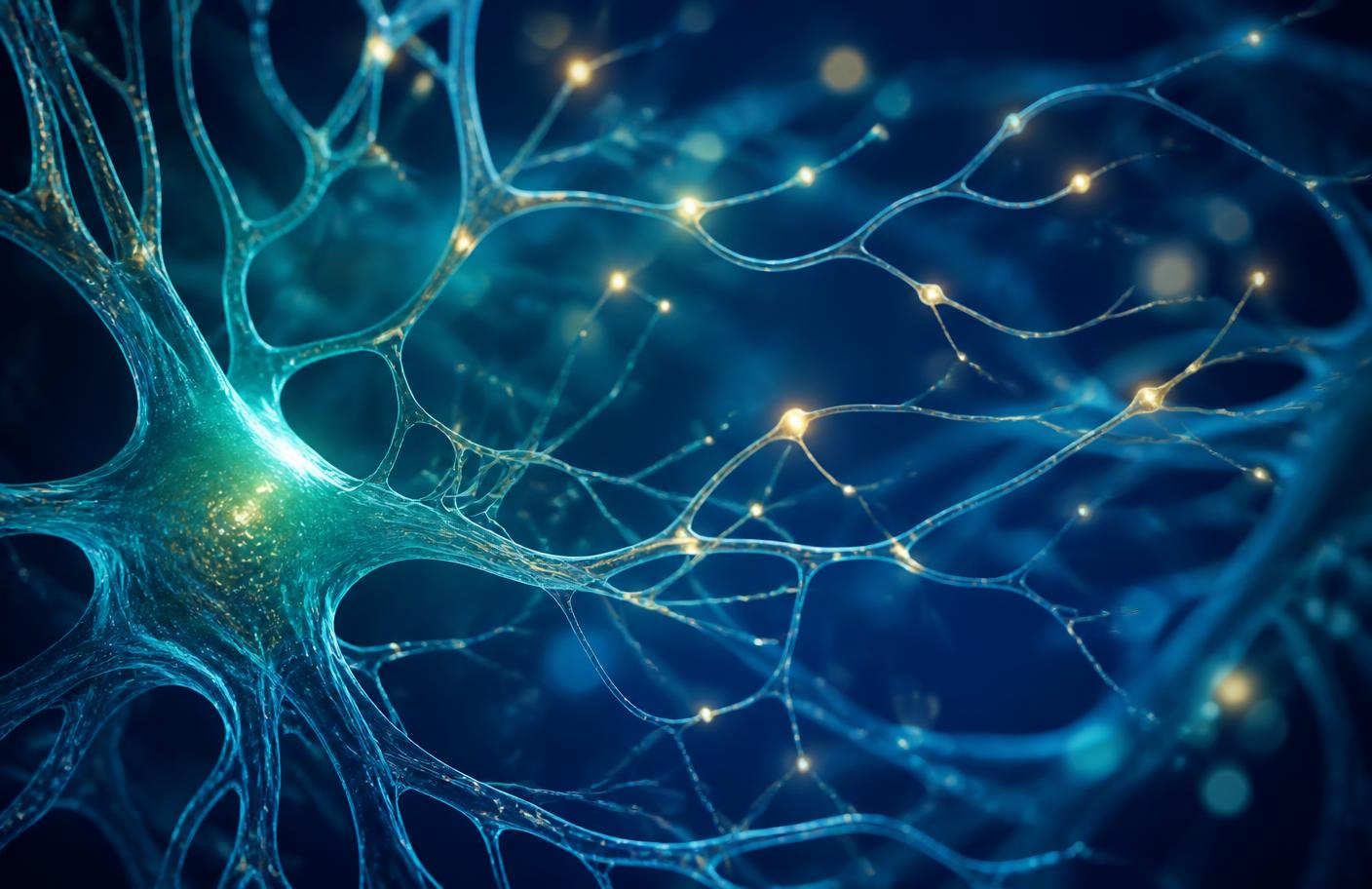 Illustration of glowing nerve fibres branching across a deep navy background