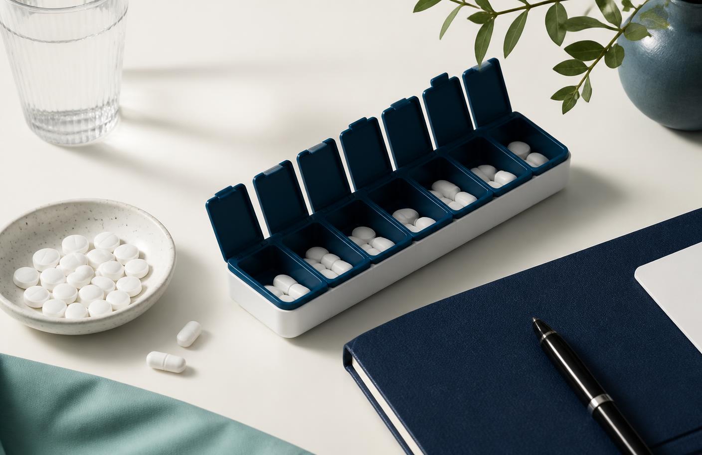 A weekly pill organiser and clinician's notebook arranged on a pale surface