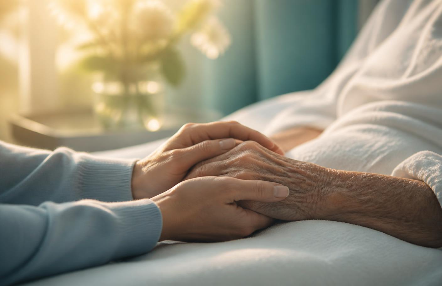 A family member gently holding an elderly patient's hand at a sunlit bedside