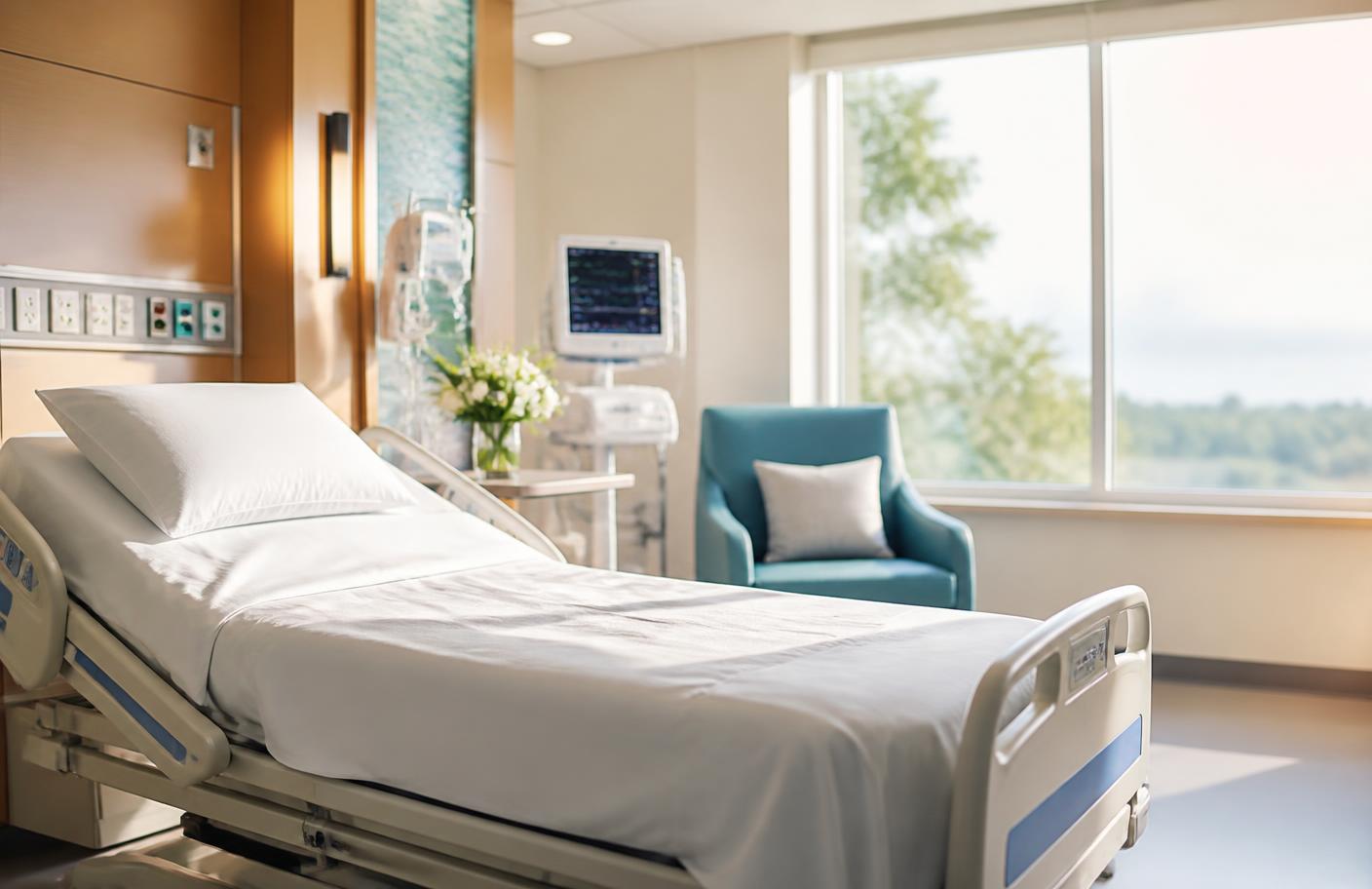 A bright, immaculate post-operative recovery room beside a large sunlit window